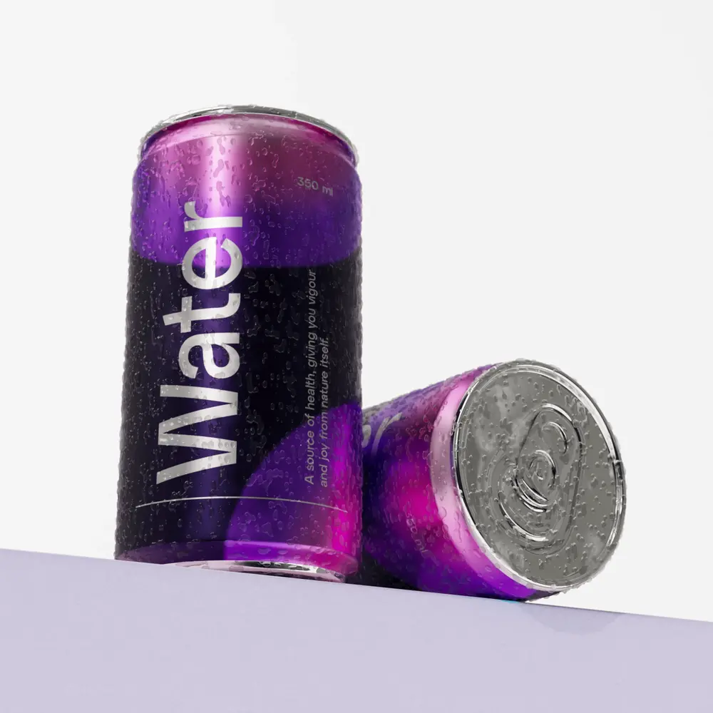 Cylindrical aluminum cans with a bright magenta-pink gradient. The front can has “Water” written vertically in white lettering. One can stands upright, the other can lies behind it on its side. The background is light gray in color.